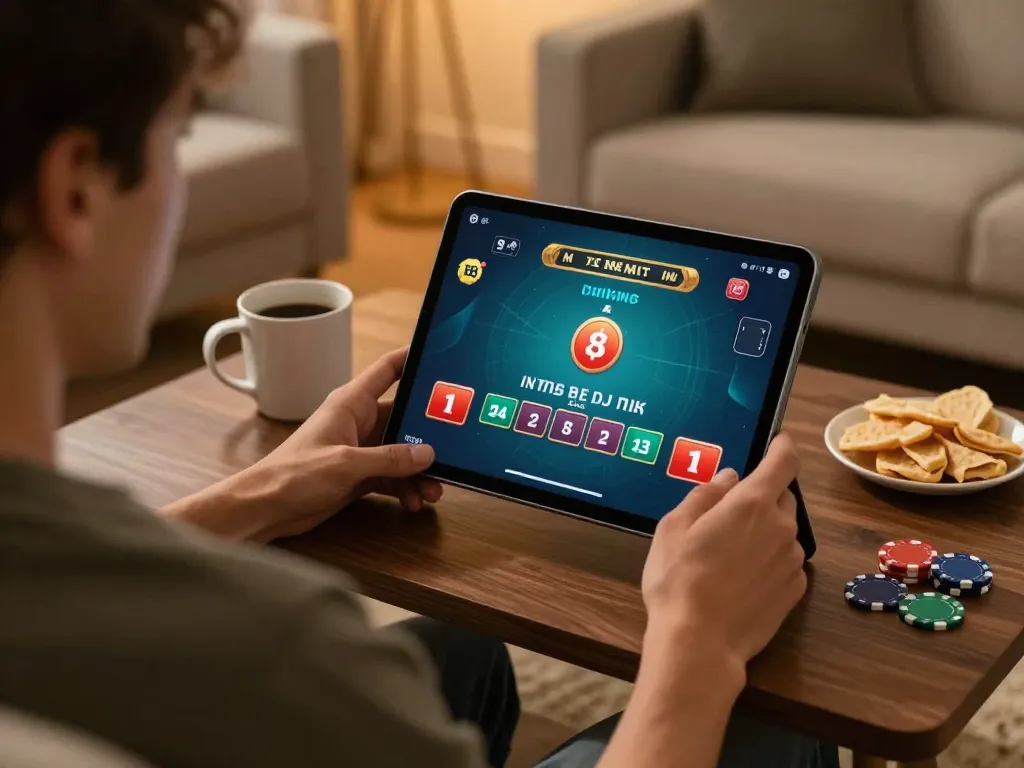Player enjoying blackjack on gg88 mobile app in cozy home environment with snacks and tablet.