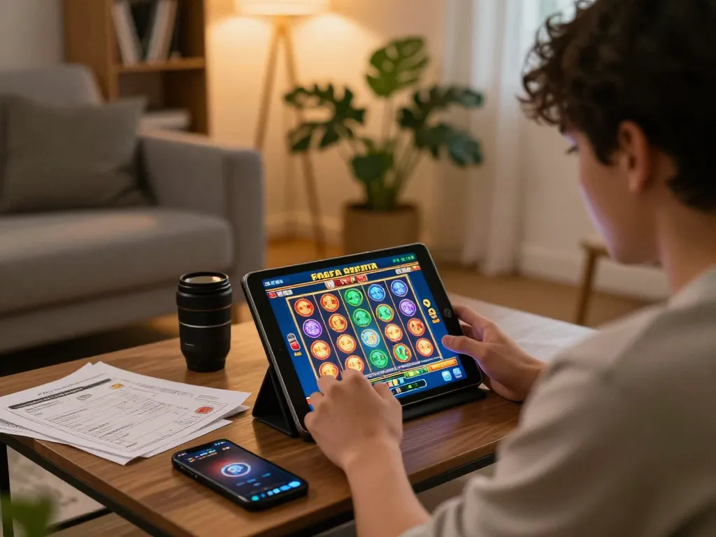 Engaged player enjoying slots on tablet for FAFA 828 in a cozy home setting, emphasizing strategic gameplay.