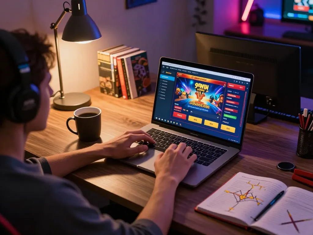 Engaging with 99Win casino on a laptop in a warm home gaming setup.