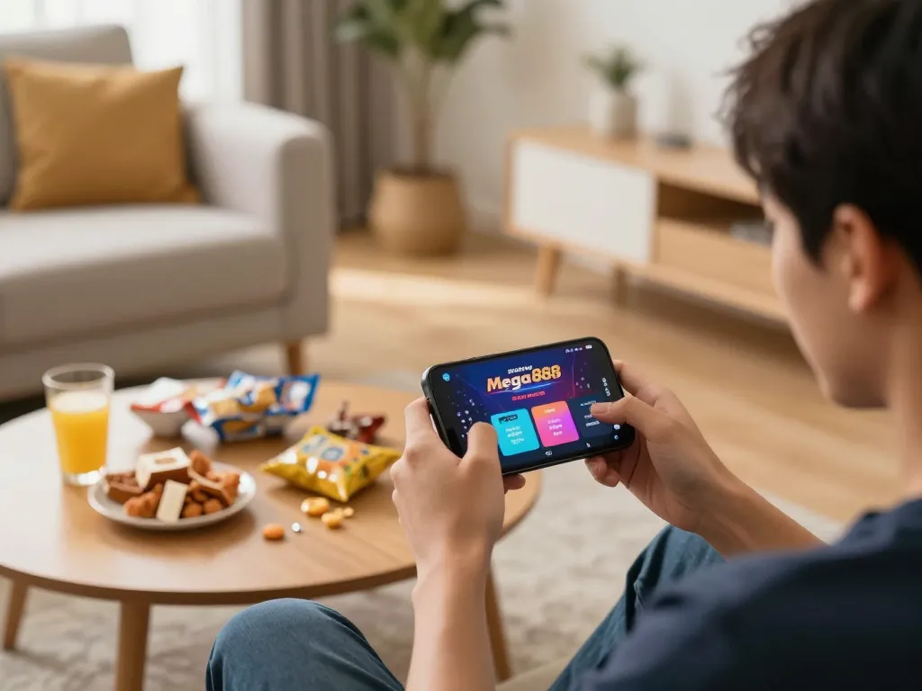 Mega888 Malaysia user engaging with mobile app, enjoying strategic gameplay in a cozy home setup.