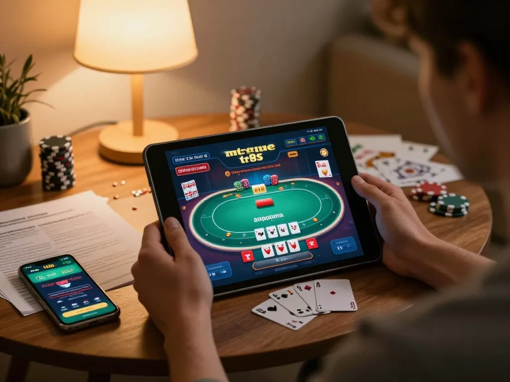 Engaged player on tr88 app enjoying online poker with strategy notes nearby.