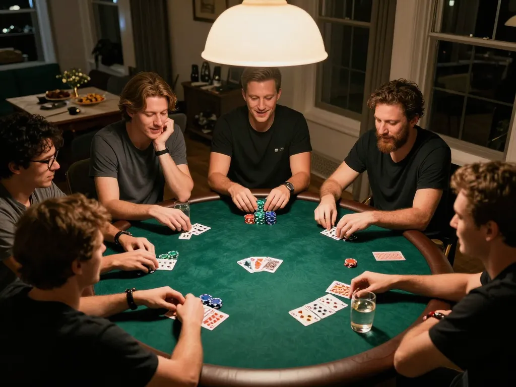 Players enjoying a home poker game at 123bmvp, showcasing camaraderie and strategy in a warm setting
