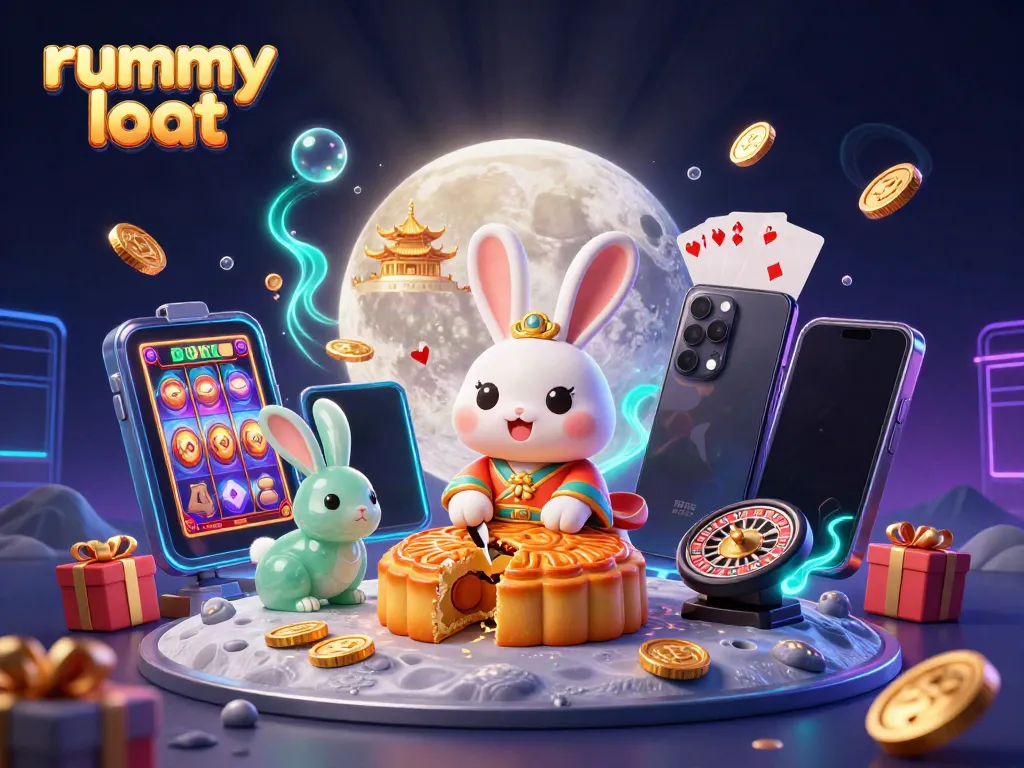 Join the rummy loot adventure as the moon rabbit reveals poker chips from mooncakes, surrounded by vibrant game elements.