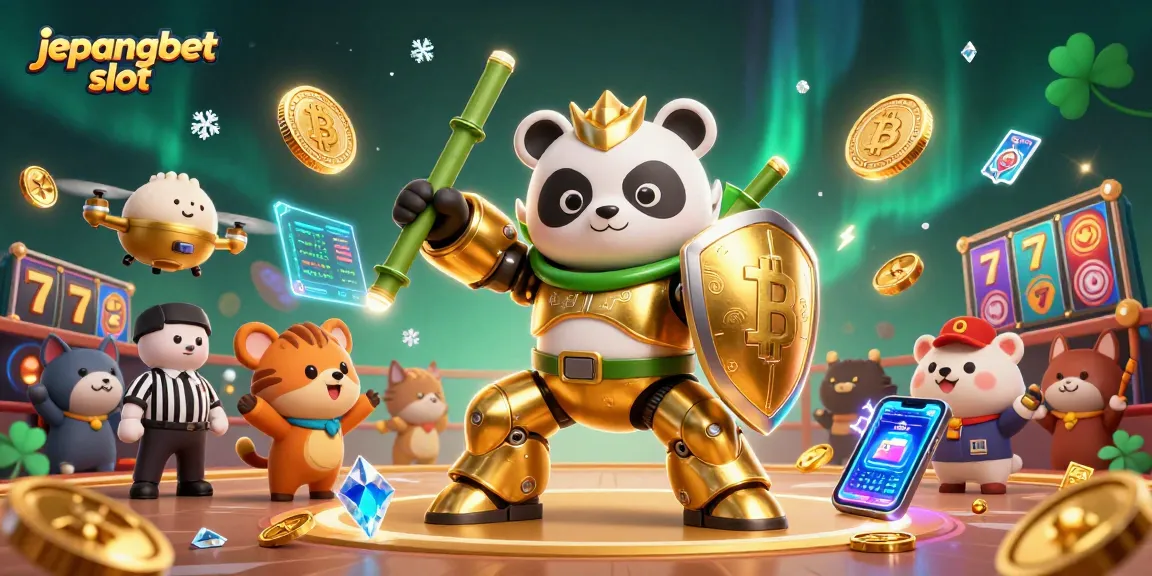 Engage with the vibrant jepangbet slot experience featuring a golden panda in a dynamic gaming arena.