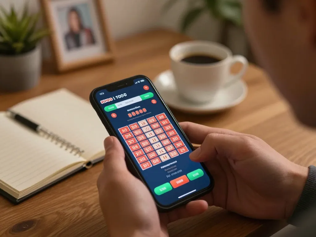 KDTOTO player enjoying online lottery betting on smartphone, highlighting interactive gaming experience.