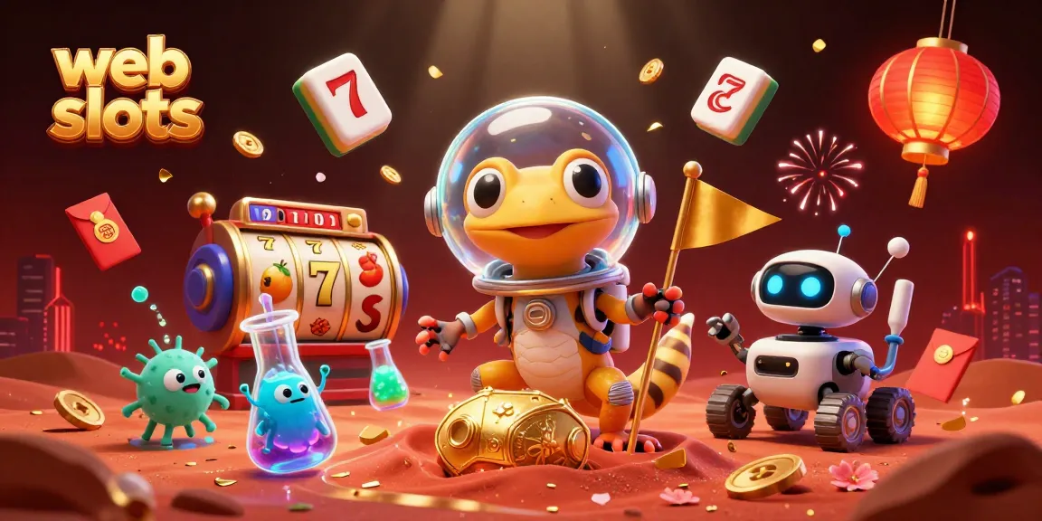 Engage with web slots in this vibrant 3D scene showcasing a Martian gecko uncovering a golden casino.