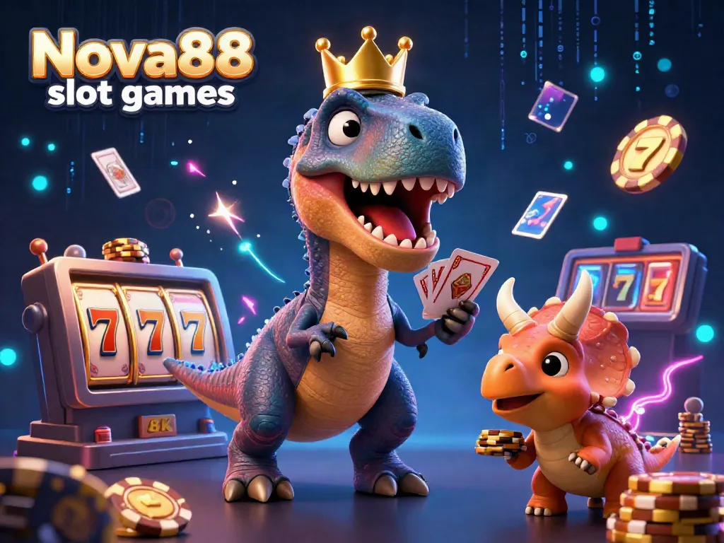 Engage with Nova88 slot games as a T-Rex shuffles cards and a triceratops stacks chips in a vibrant casino scene.
