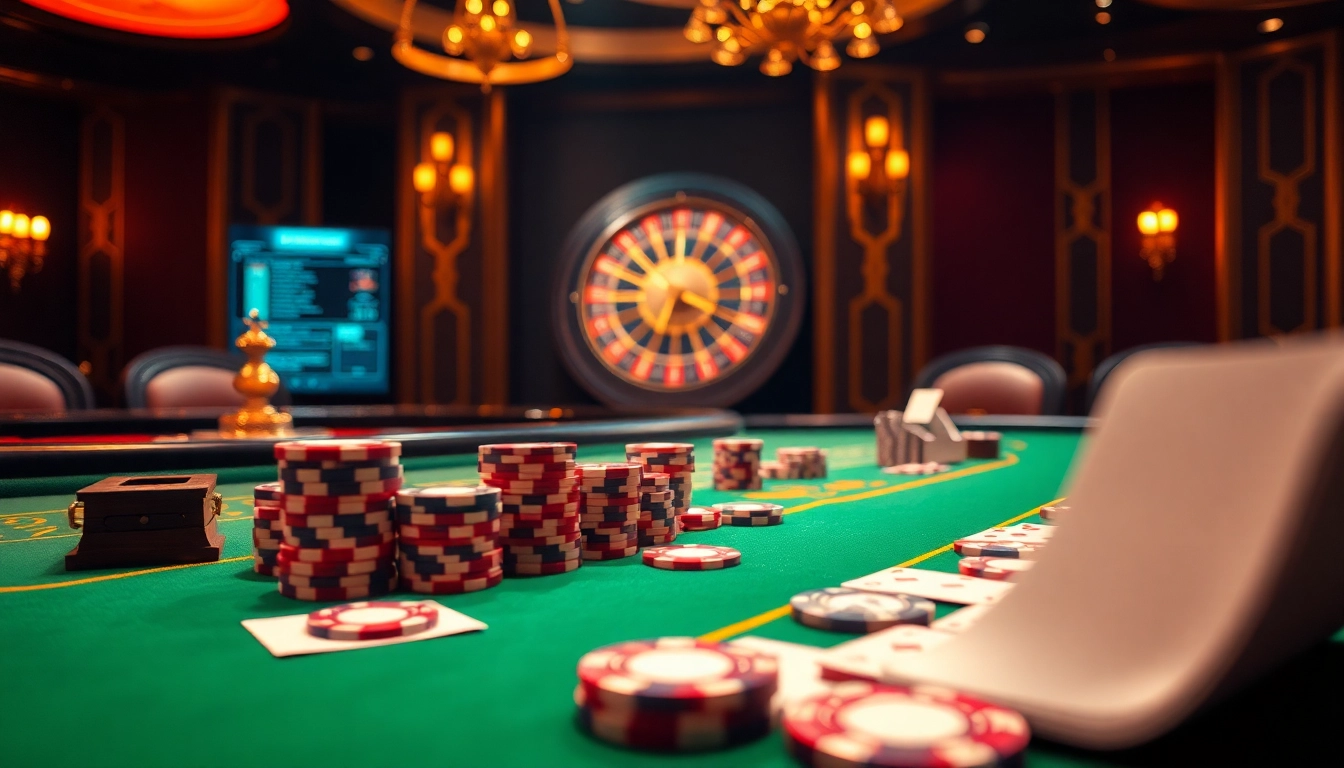Experience the thrill of raja luck at a luxurious casino with vibrant gaming tables and professional poker chips.