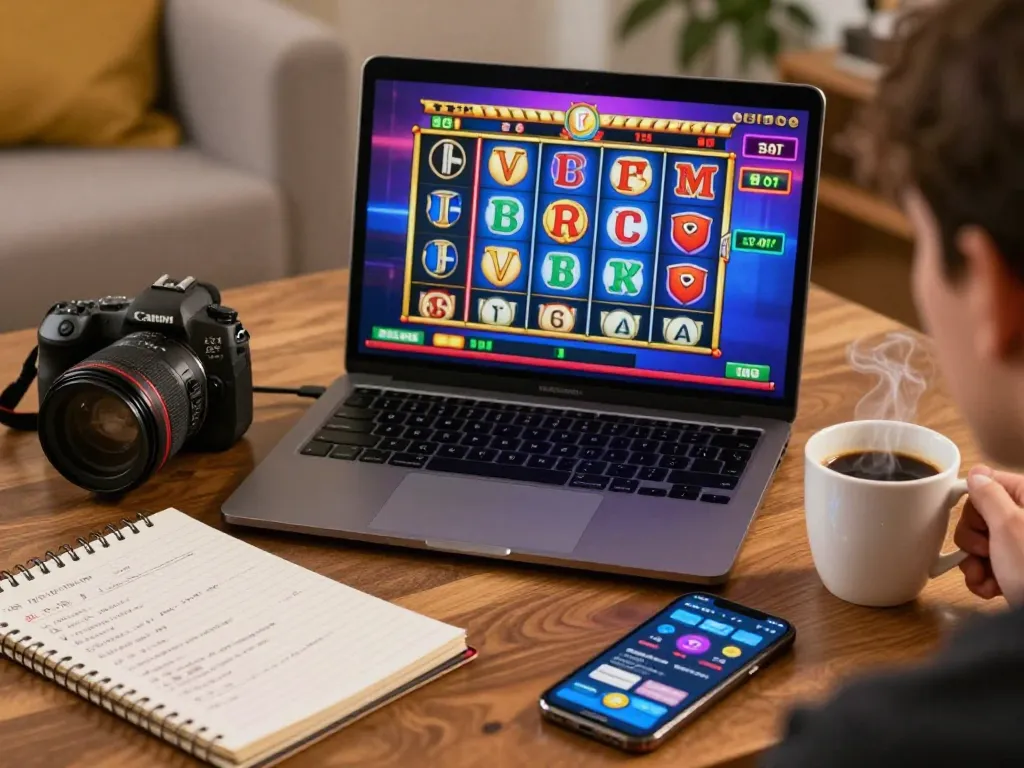 Engaging online gaming scene of situs slot gameplay on a laptop with colorful slots and strategy notes.
