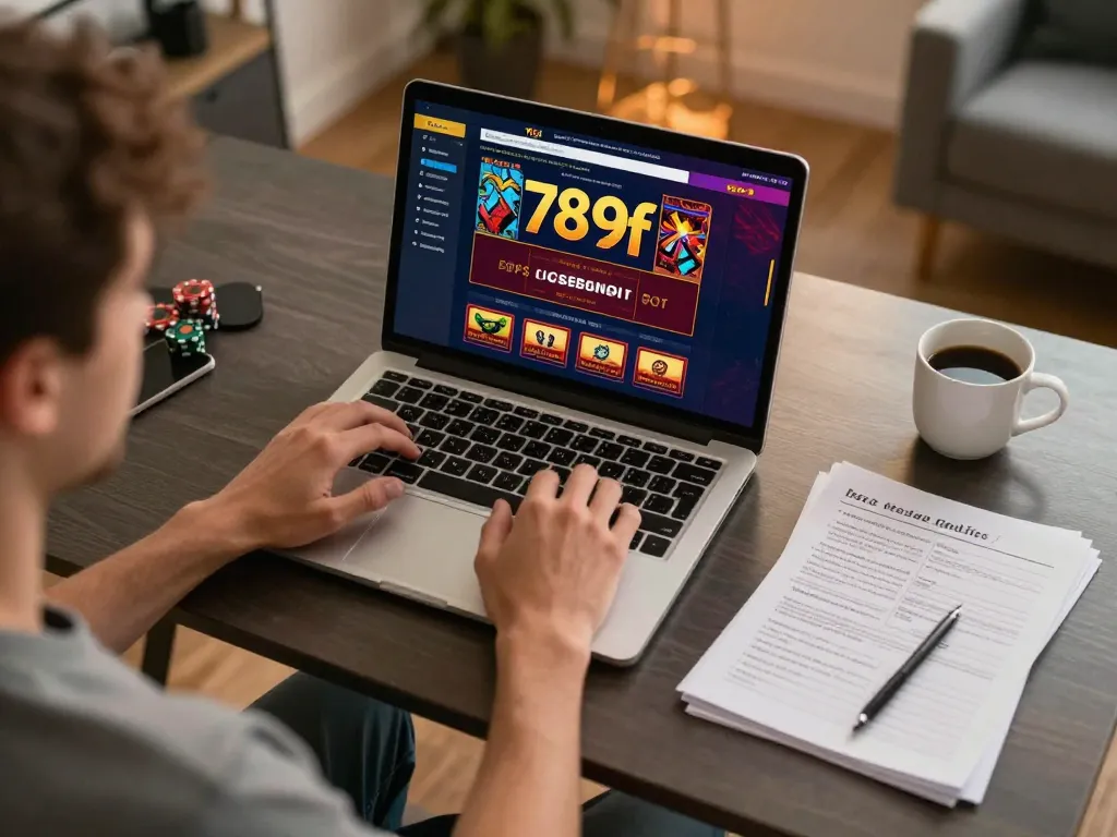 Player analyzing bets on 789f online casino interface while surrounded by strategy notes and warm lighting.