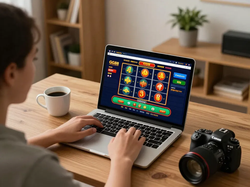 Player engaging with GG 88 online slots in a cozy home office setup, enhancing remote gambling experiences.