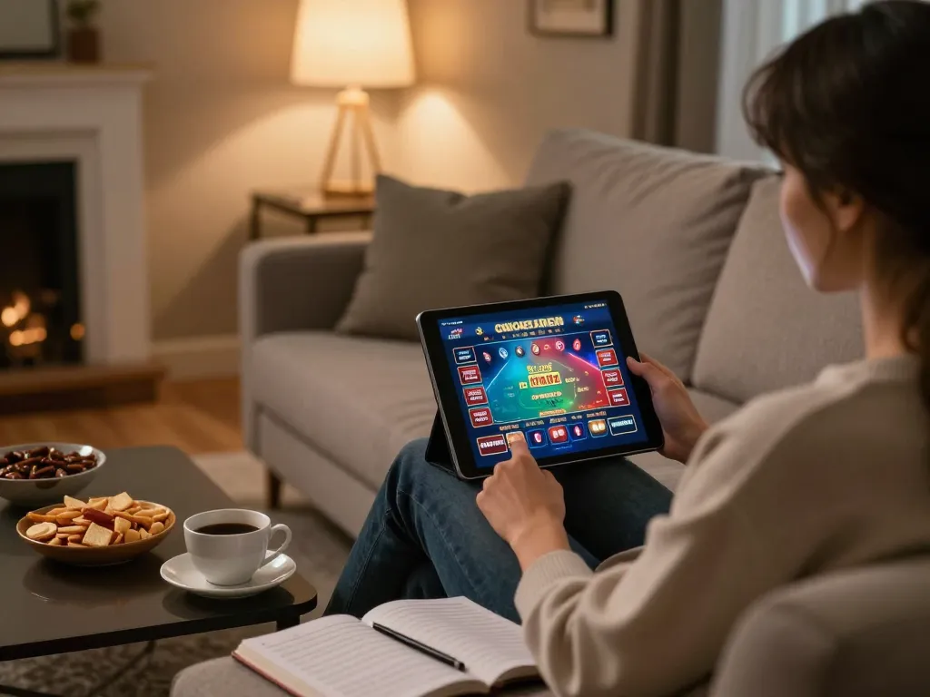 Playing online casino games at home with ww88 on tablet, cozy atmosphere with snacks and notebook.