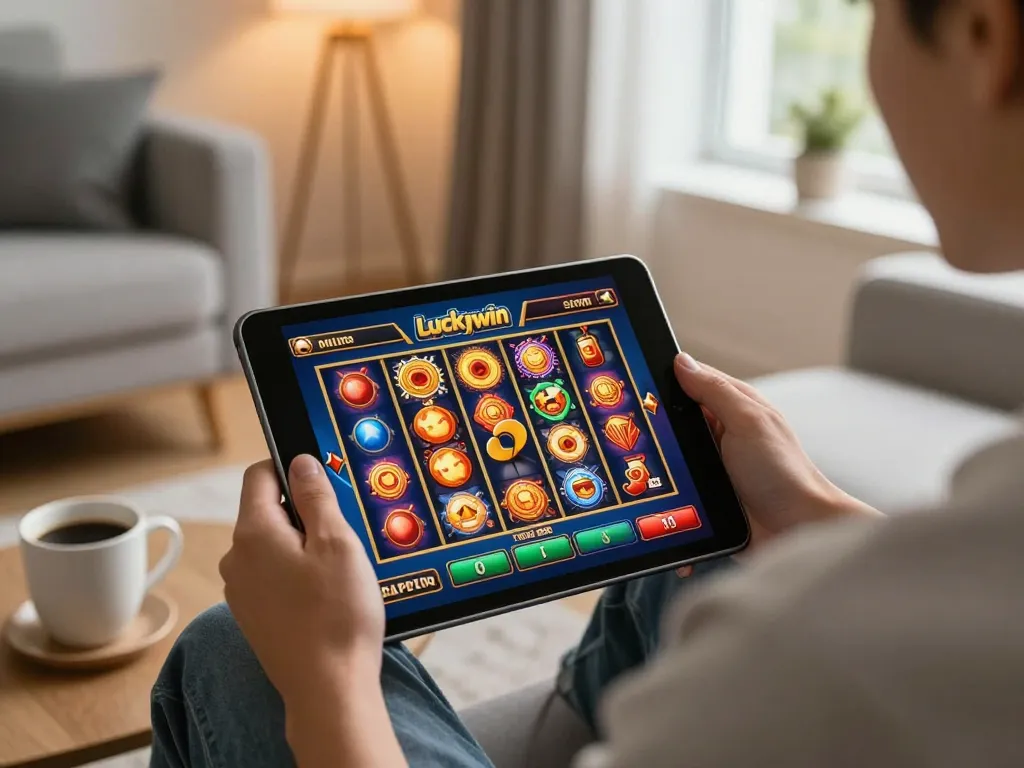 Engaging with the luckywin casino on a tablet, showcasing vibrant slot game interface in a cozy home setting