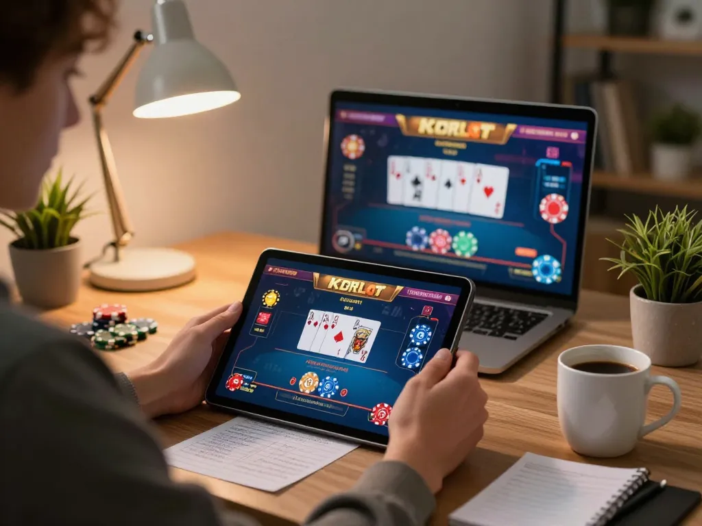 Engaging in kdslot gaming on a tablet at home, showcasing a vibrant poker interface.