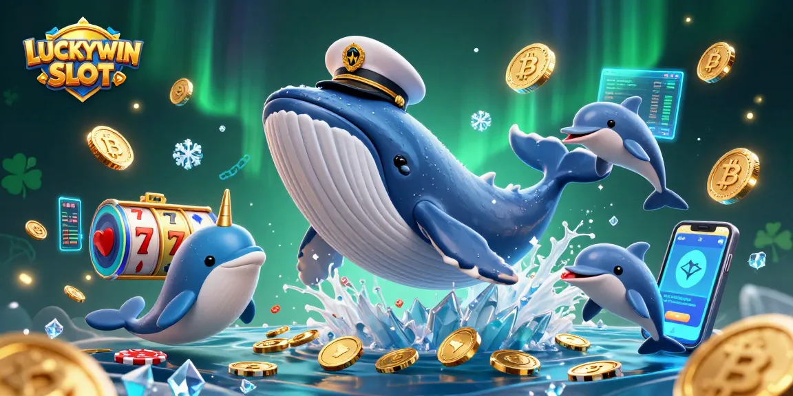 Experience thrilling LUCKYWIN SLOT adventures with a cartoon whale and playful characters in a dynamic casino scene.