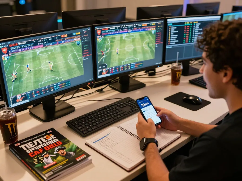 Person engaging with 78win app for sports betting, surrounded by monitors showing live odds.