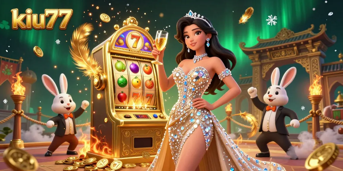 Kiu77 celebrates thrilling wins at a vibrant jackpot scene with a glamorous touch.