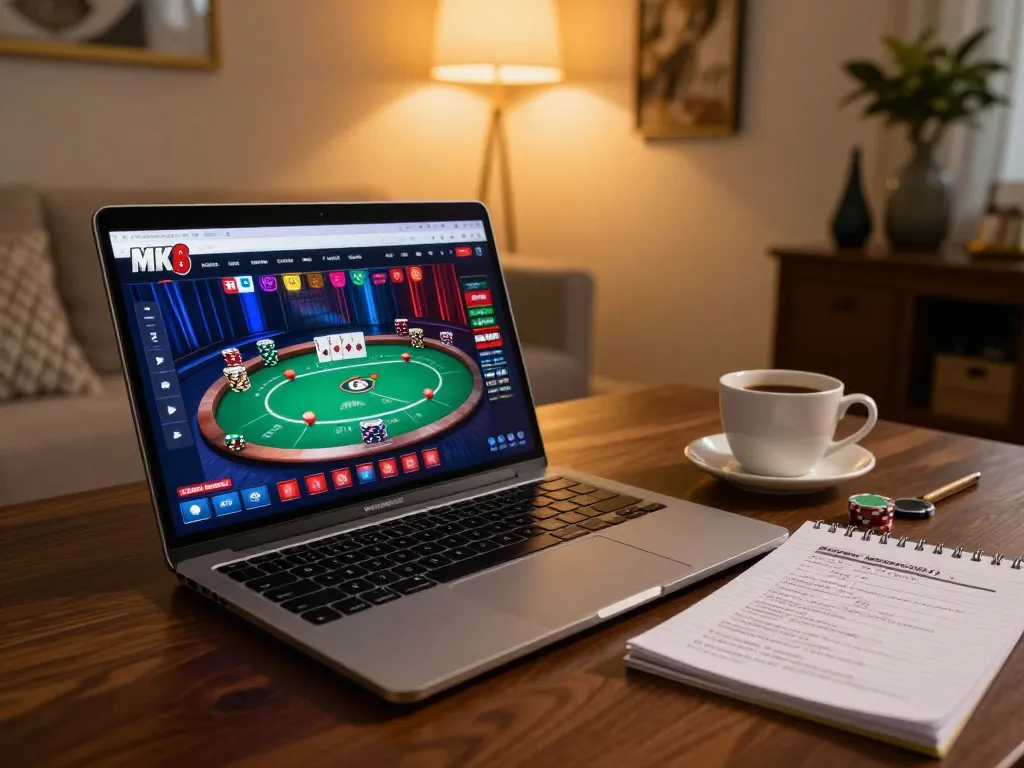 Player engaging with MK8 casino on laptop, showcasing vibrant poker game and personalized betting notes.