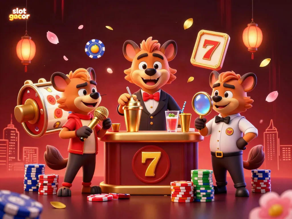 Engage with slot gacor slots while hyena characters entertain in a lavish casino setting.