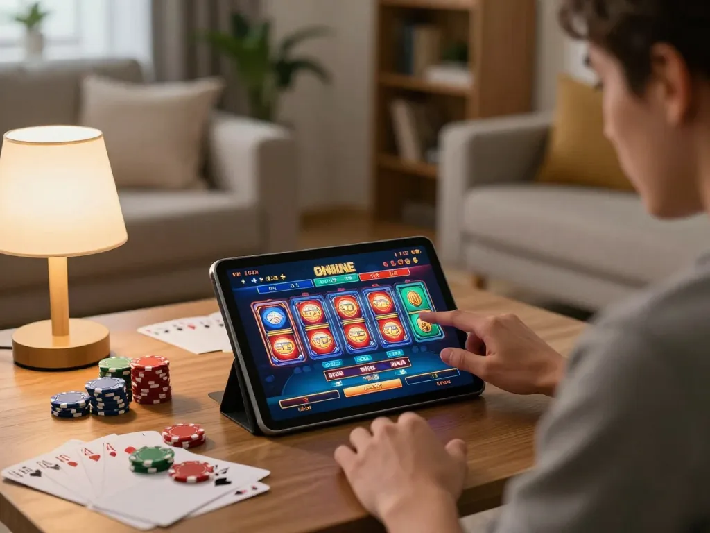 Engaged player enjoying Canada online casinos on tablet, surrounded by strategy notes and poker chips.