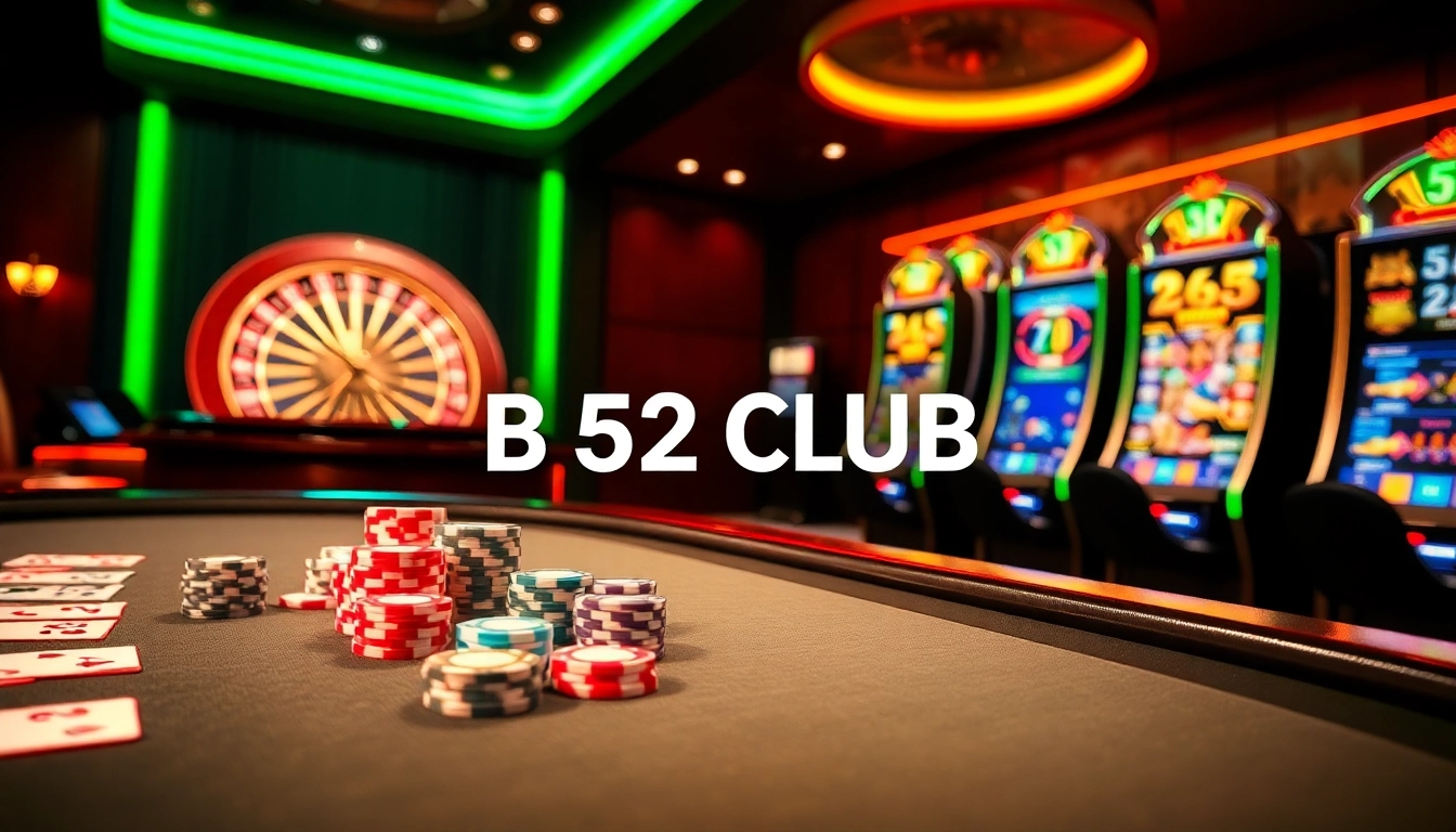 B52 CLUB invites players to engage in exciting casino games with colorful chips and a lively roulette wheel.