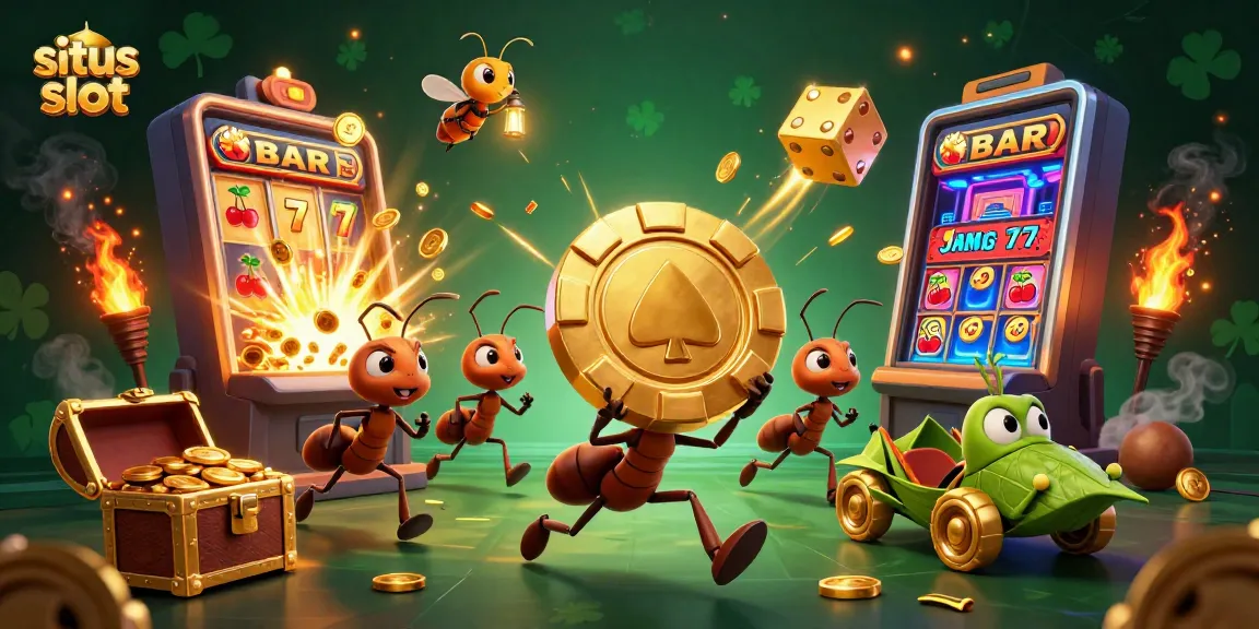 A vibrant 3D scene illustrating ants executing a heist in a situs slot environment, featuring a slot machine yielding coins and symbols.