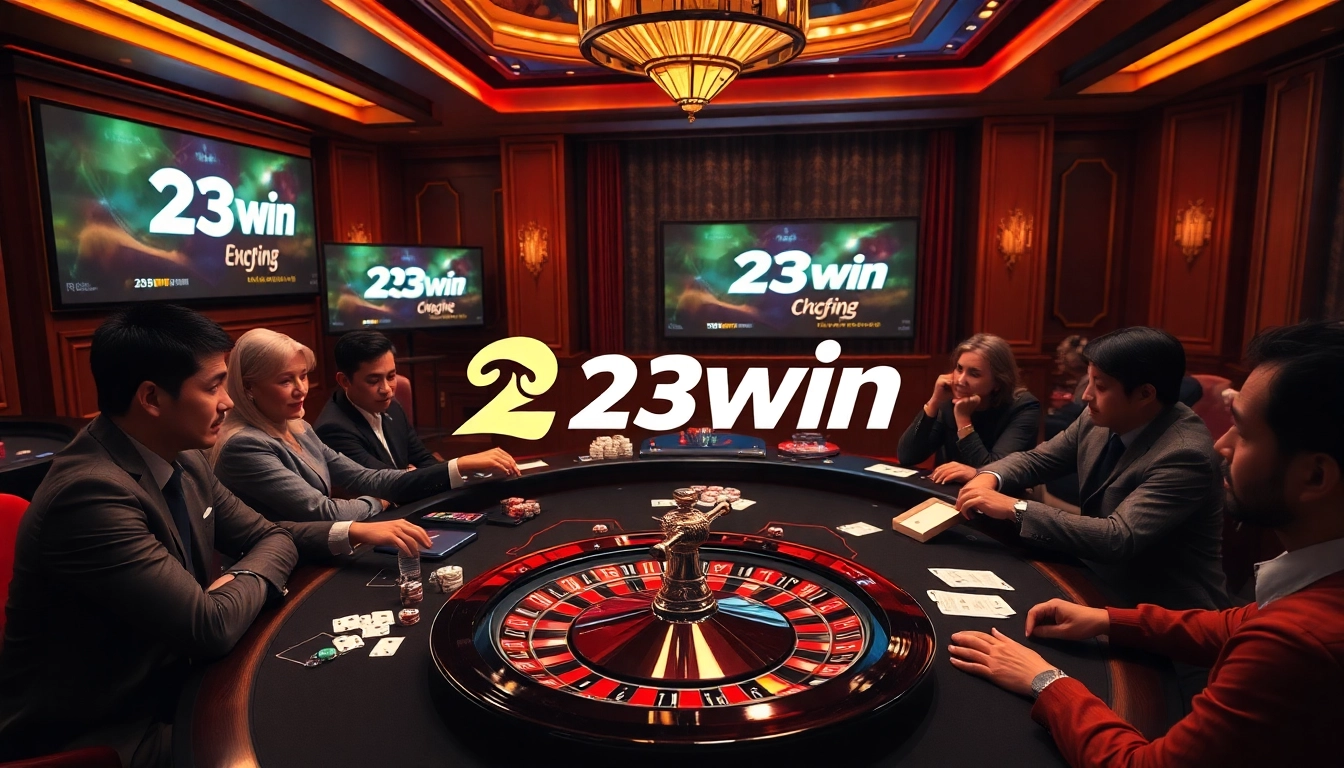 Experience the excitement of 23win casino with players engaged in thrilling games at an elegant table.