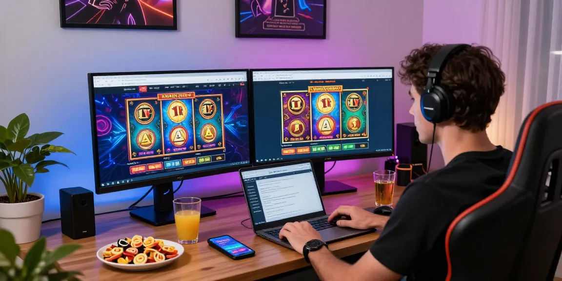 Engaging home gaming setup with enthusiast exploring new online slot sites, colorful visuals, and festive atmosphere.