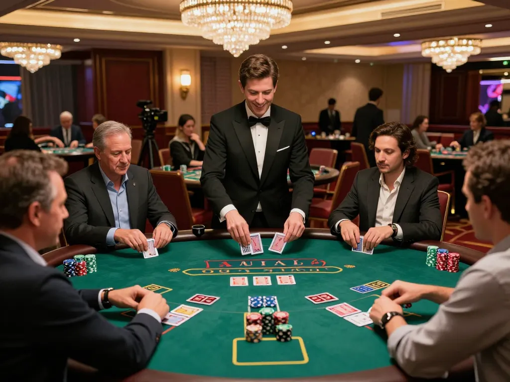 Players strategizing their bets at a busy blackjack table in a Vegas casino, highlighting tg88's thrilling atmosphere.