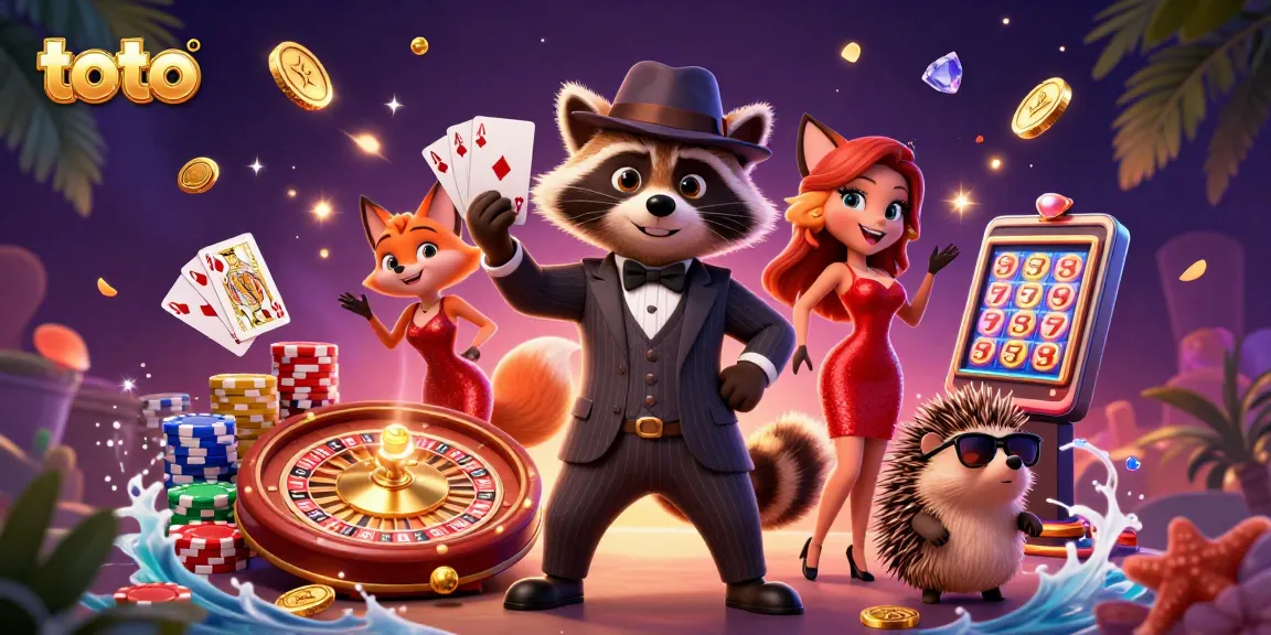 Experience the thrill of toto gameplay with a raccoon holding royal flush, amidst swirling casino elements.