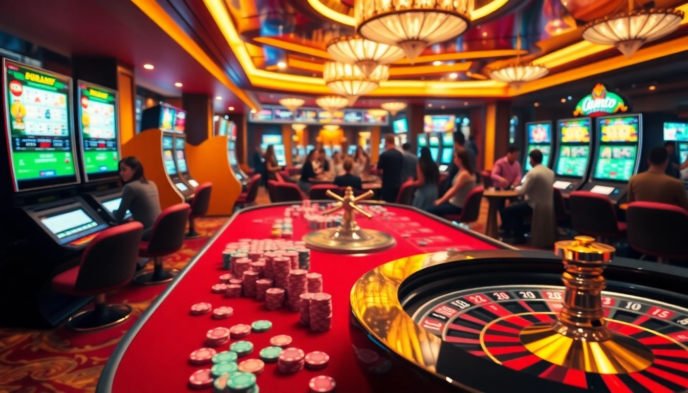 Lazadatoto gaming table with vibrant poker chips and roulette wheel in an electric casino setting.