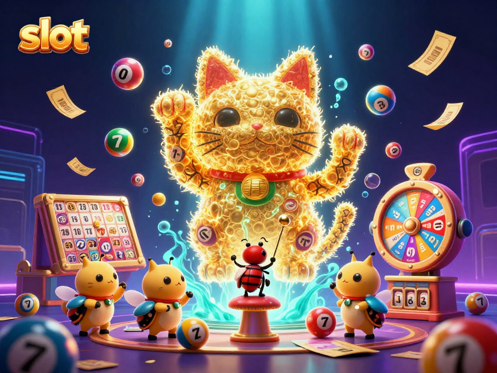 Engage with the vibrant slot scene featuring golden lucky cats and colorful casino elements.