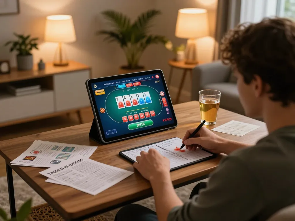 Engaging home gaming scene with a user at smartcityhostels using a tablet for a live poker game.