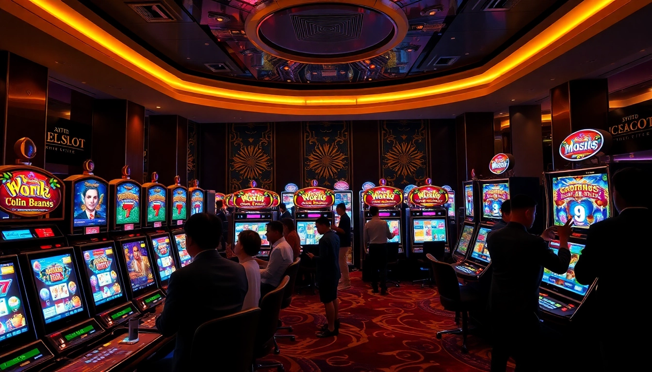 Situs Slot players engaging excitedly with vibrant machines in a luxurious casino setting.