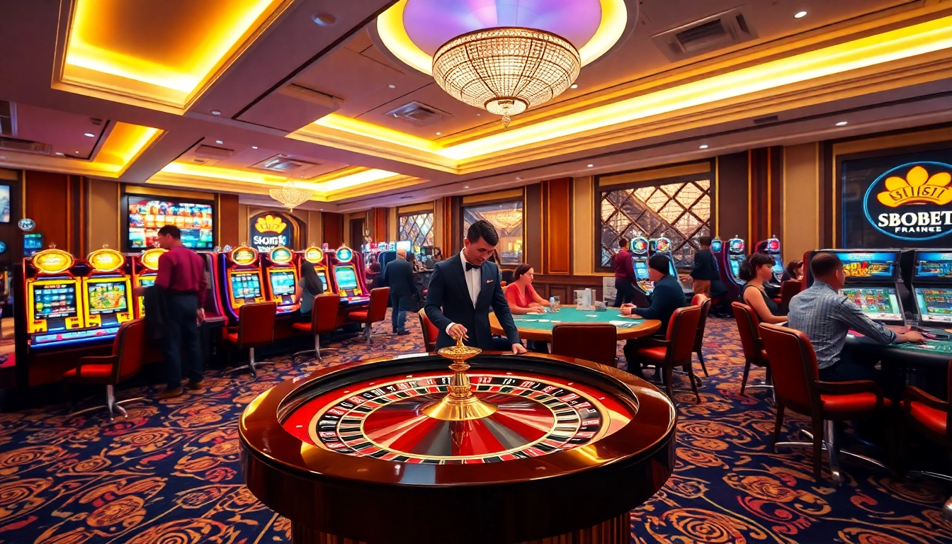 SBOBET enthusiasts engaging at a luxury roulette table in an upscale casino environment.