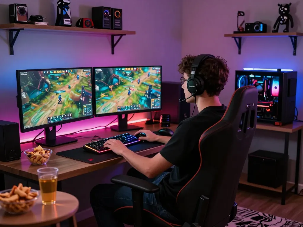 Player immersed in gaming on foya888 platform, vibrant screens and gaming setup.