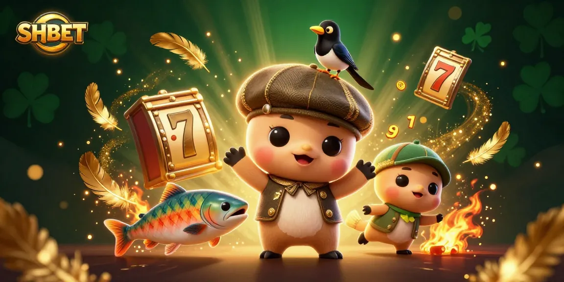 Experience thrilling slot wins with SHBET in this vibrant, detailed casino scene featuring playful characters.