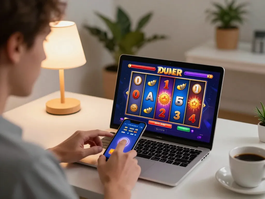 Engaging with kdslot on a smartphone while strategically managing bankroll in an inviting home office.