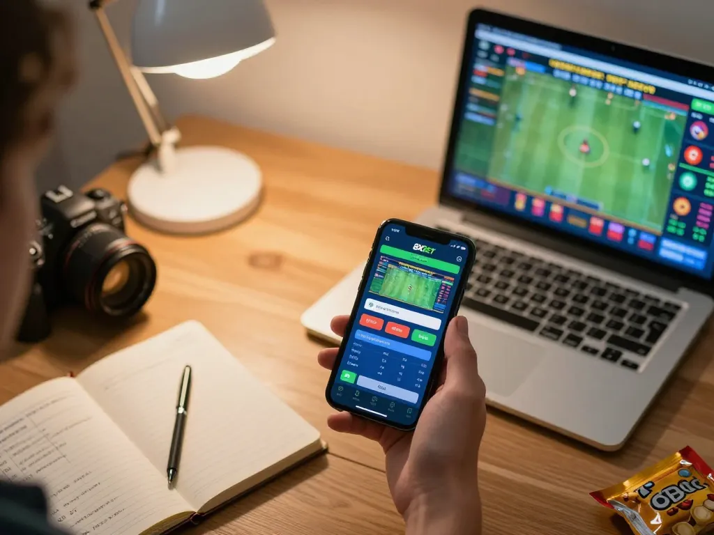 8xbet user engaging with sports betting app on smartphone, showcasing dynamic betting strategies.