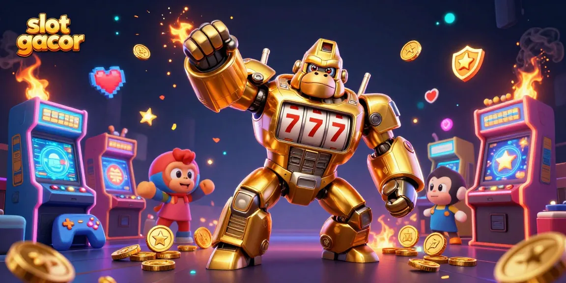 Explore slot gacor options with a vibrant 3D illustration showcasing dynamic gaming elements and characters.