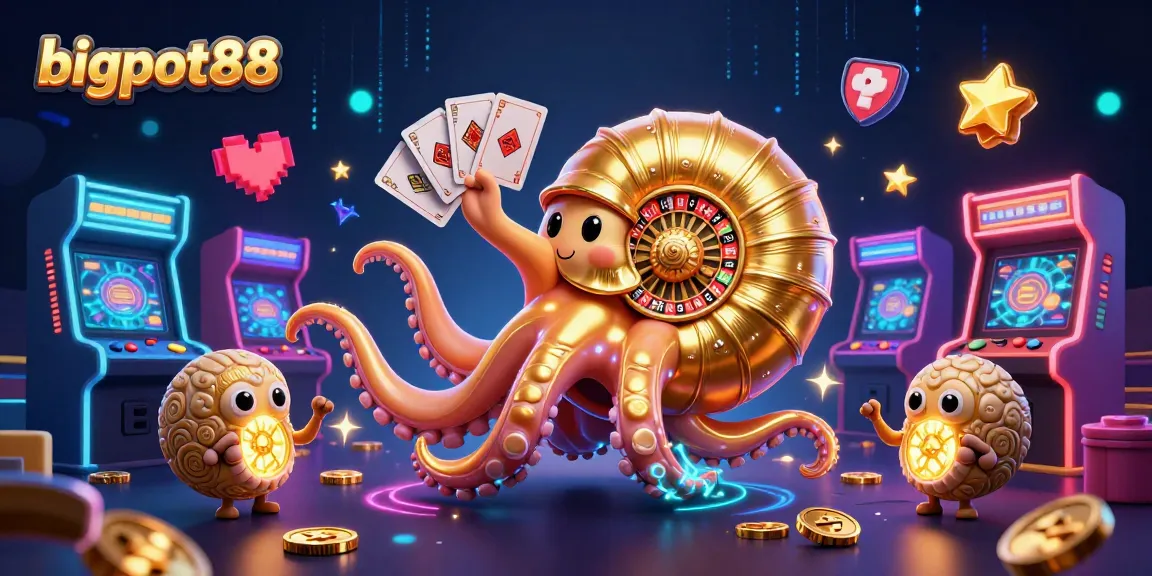 Engage with bigpot88 in a vibrant 3D casino scene featuring a giant nautilus roulette wheel.