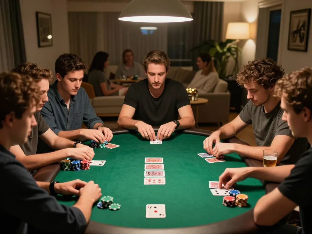 Players engaged in an exciting poker night at home, showcasing nk88mvp gaming strategies and social interaction.