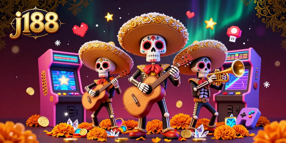 Join the vibrant j188 gaming experience with a mariachi band in a magical casino scene.