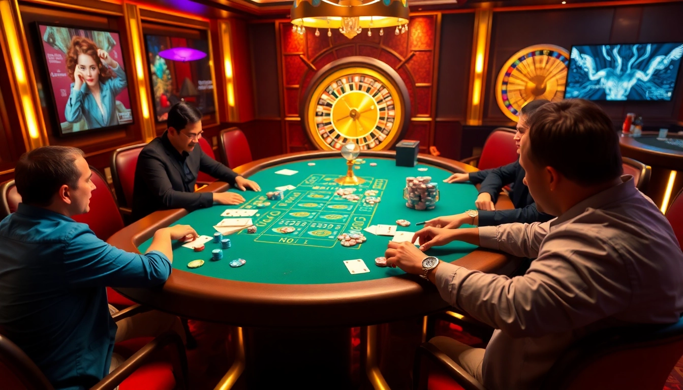 Experience the excitement of gambling at https://gg88.black/ with players at a vibrant poker table.