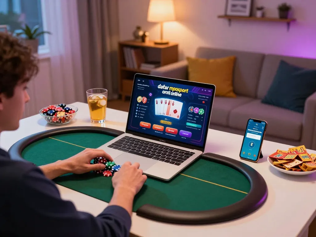 Experience seamless gameplay as you daftar mposport online with a vibrant home poker setup.