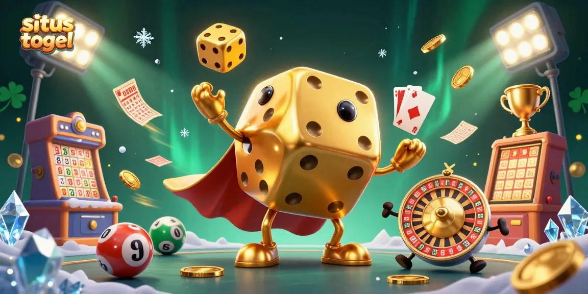 Situs togel dynamic illustration showing golden dice golem with lottery elements amidst sparkling coins.