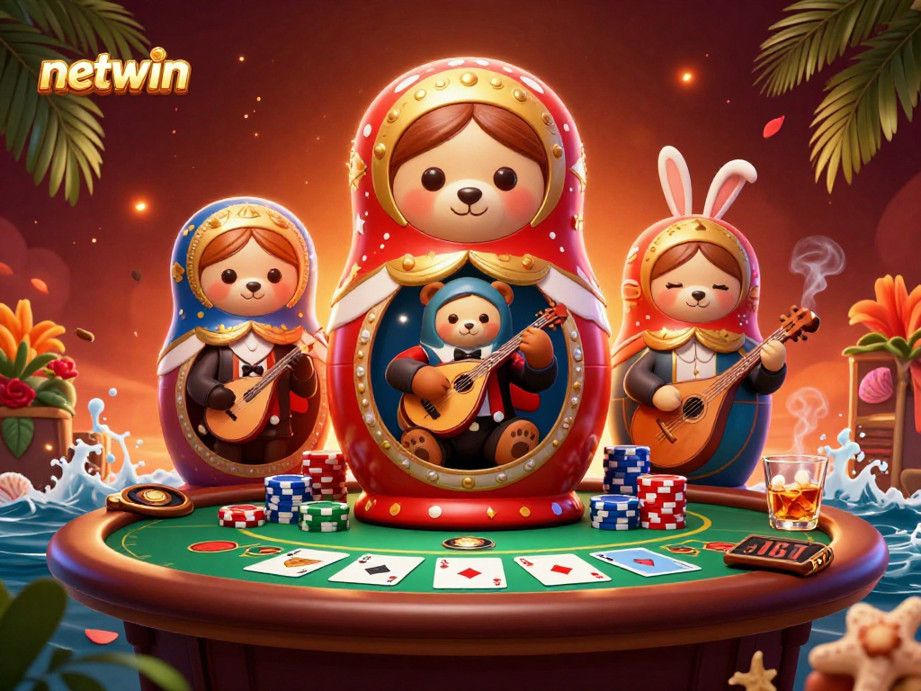 Join the fun with netwin at this lively casino-themed 3D scene showcasing engaging dealers.
