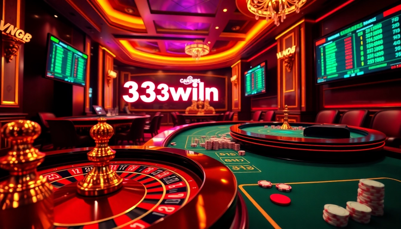Terlibat dalam pengalaman kasino yang mendebarkan di 33win68, menampilkan roda roulette yang cerah dan meja poker.