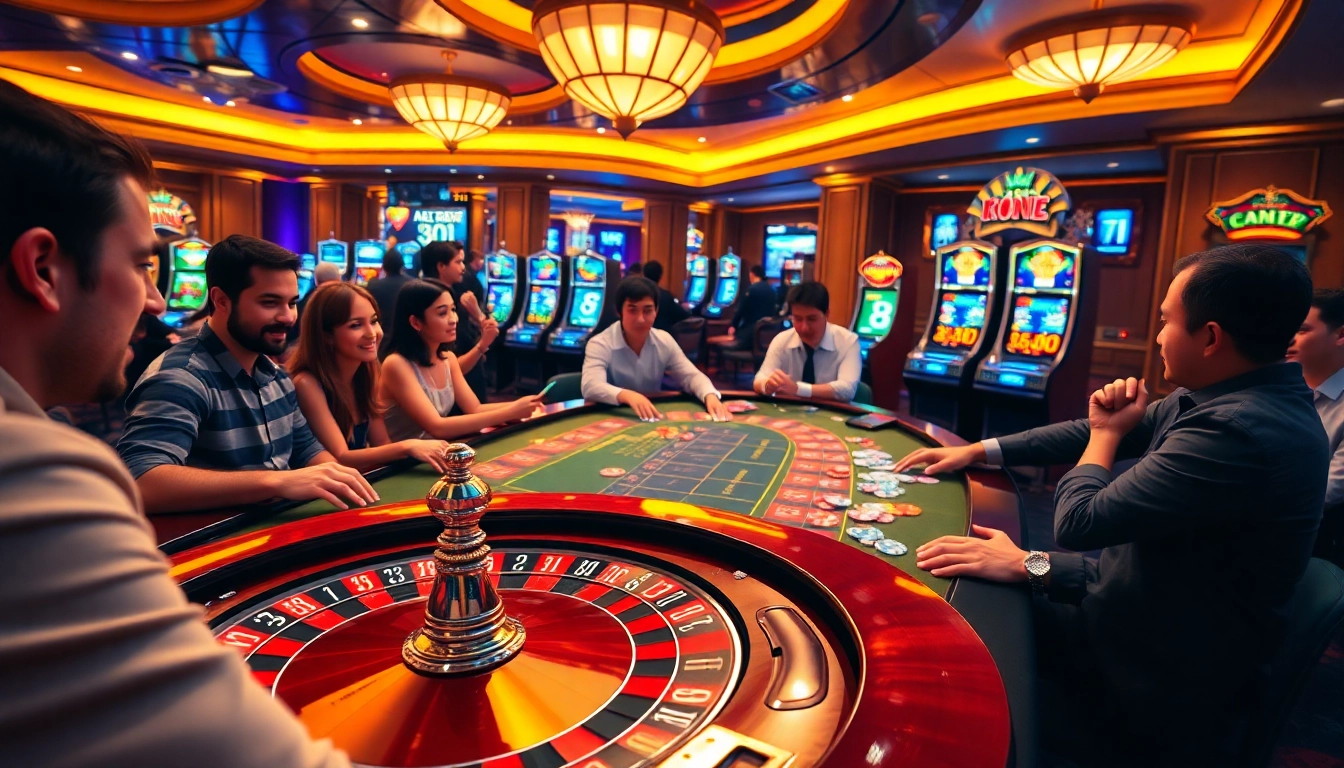 Players enjoying a vibrant casino experience at king garuda138's gaming tables, showcasing excitement and professionalism.
