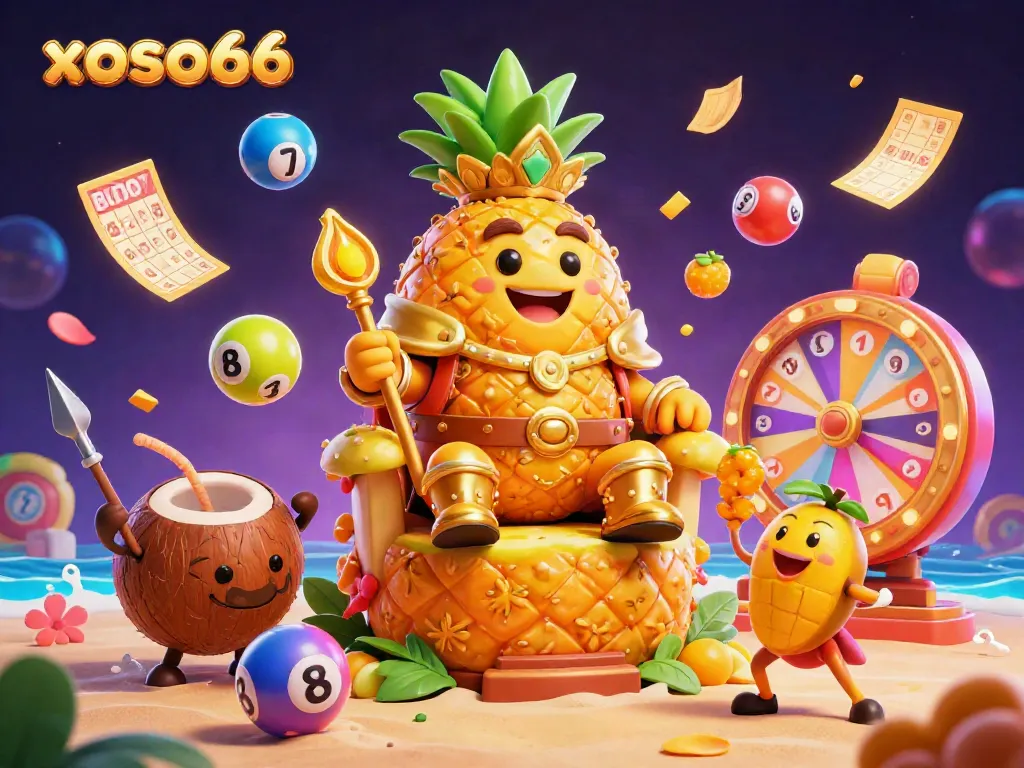 Experience thrilling excitement with xoso66 as the golden pineapple king presides over a vibrant beach casino.